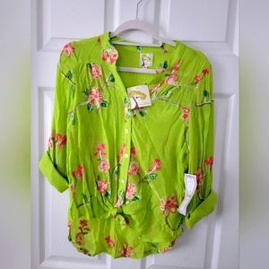 Lightweight gauze fabric embroidered floral blouse